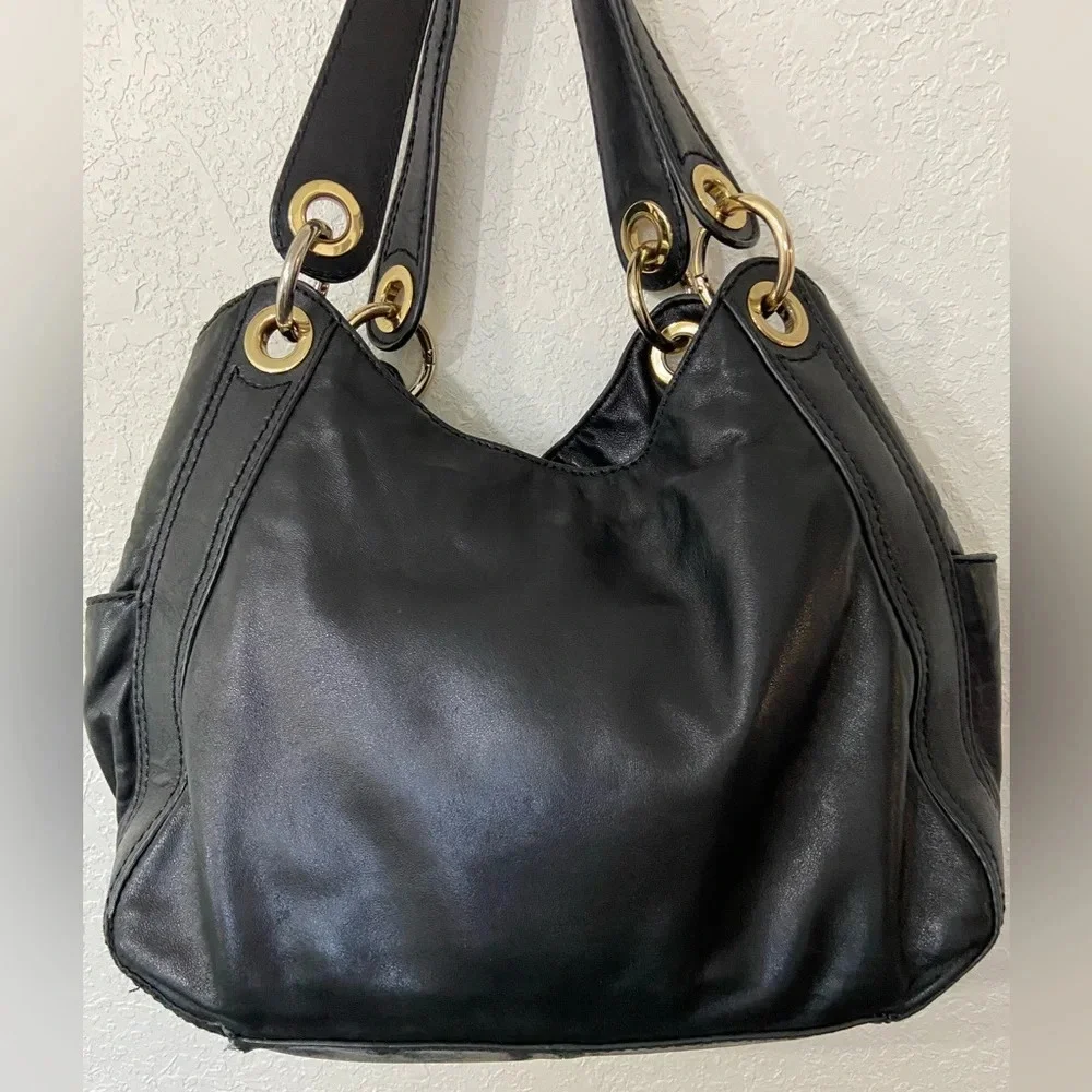 MICHAEL Michael Kors Black Leather Shoulder Bag with Gold Hardware